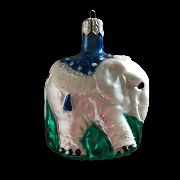 POLAND Blown Glass Christmas Ornament ELEPHANT Blue and Green White Flocked - Picture 8 of 8